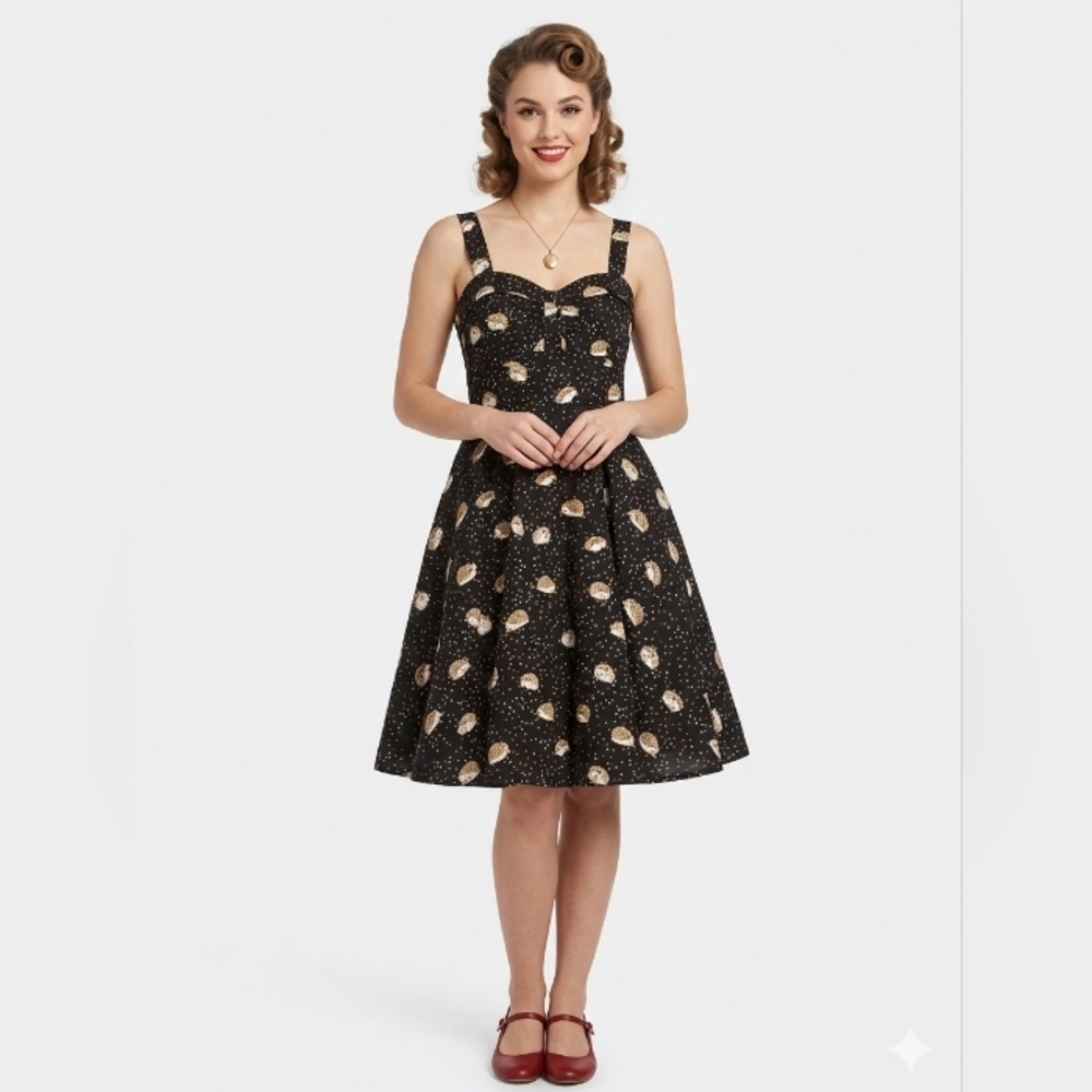 97% Cotton Black Floral Midi Dress with Sweetheart Neckline